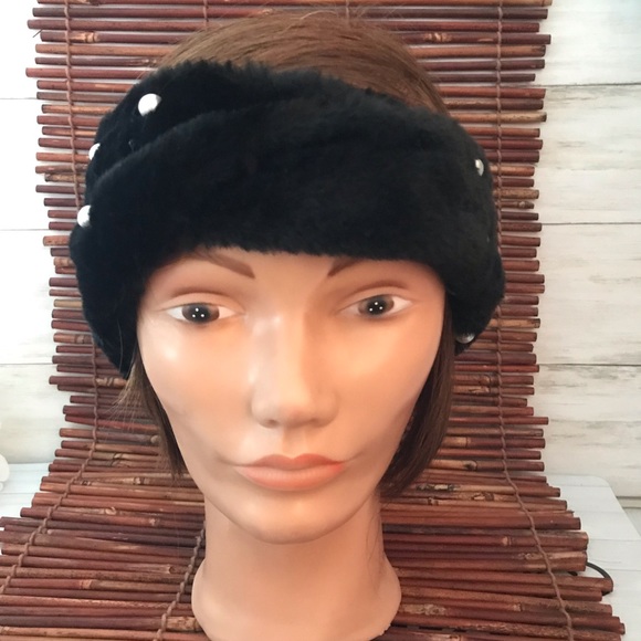 Black Faux Fur Headband Turban Bejeweled - Picture 2 of 6